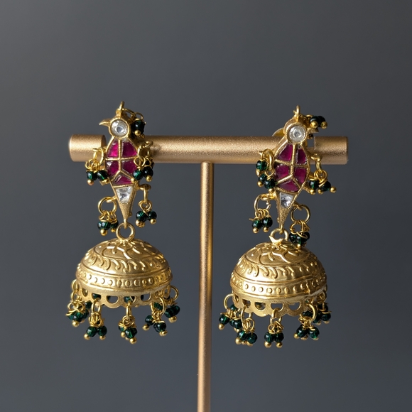Jewelry - Gold Jhumka Earrings with Pink Accents and Green Beads